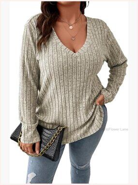 Plus Size V Neck Long Sleeve Tunic Sweater - Soft Knit Pullover